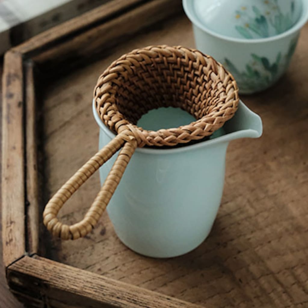 Hand-Crafted Rattan Tea Strainer Filter on A Celadon Gong Dao Bei